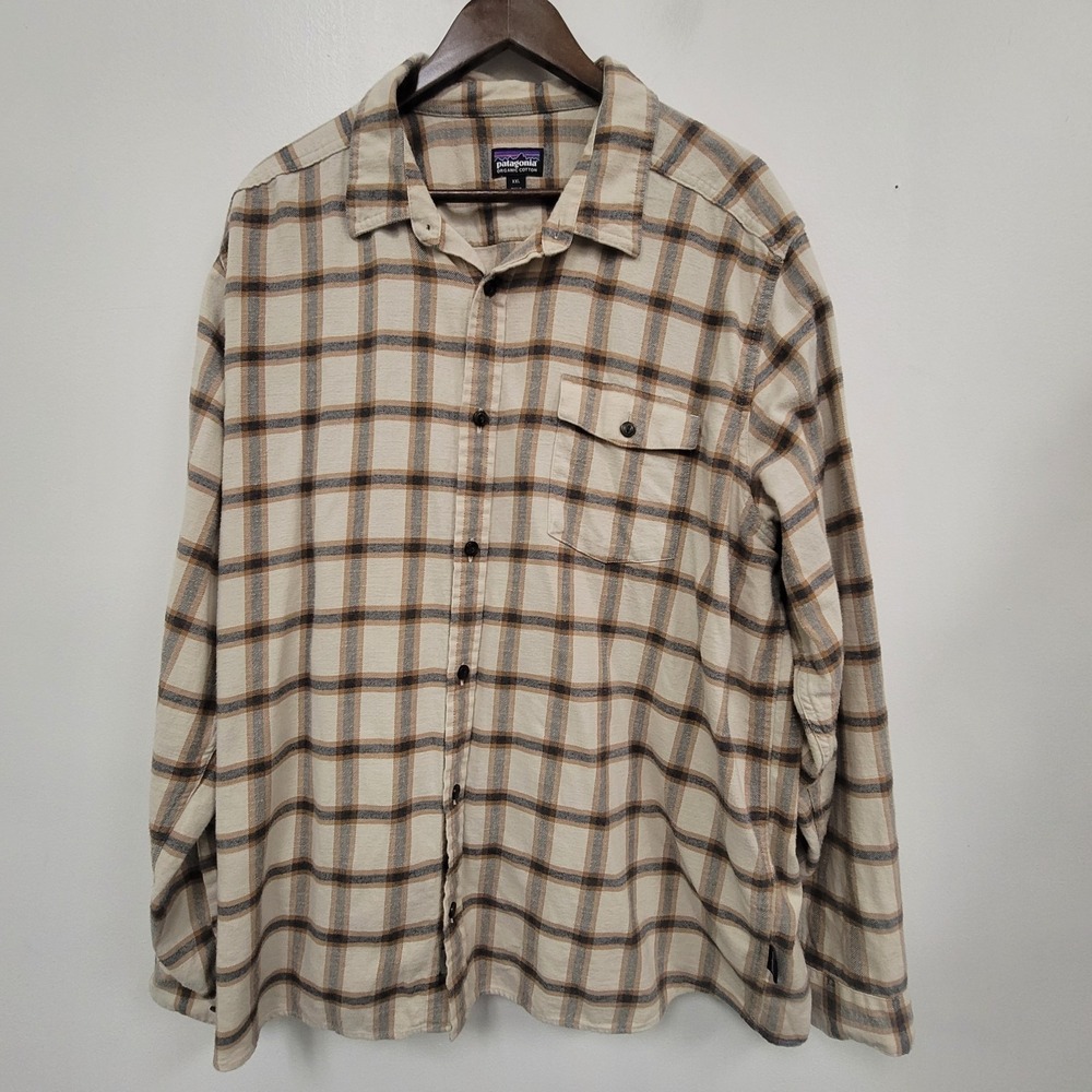 Patagonia Mens Button Up Organic Cotton Shirt Size XXL Brown Plaid‎ Long Sleeve